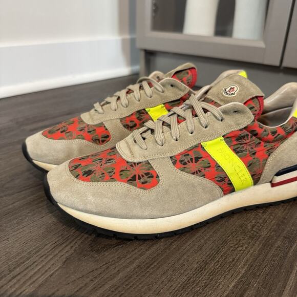 Moncler Tan Suede Red Hibiscus Floral Neon Logo Low Top Trainer Sneakers 42 US 9 main image 3